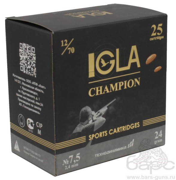 Патрон 12х70 дробь 7,5 навеска 24 г Igla-Champion Азот пачка Патрон 12х70 дробь 7,5 навеска 24 г Igla-Champion Азот пачка